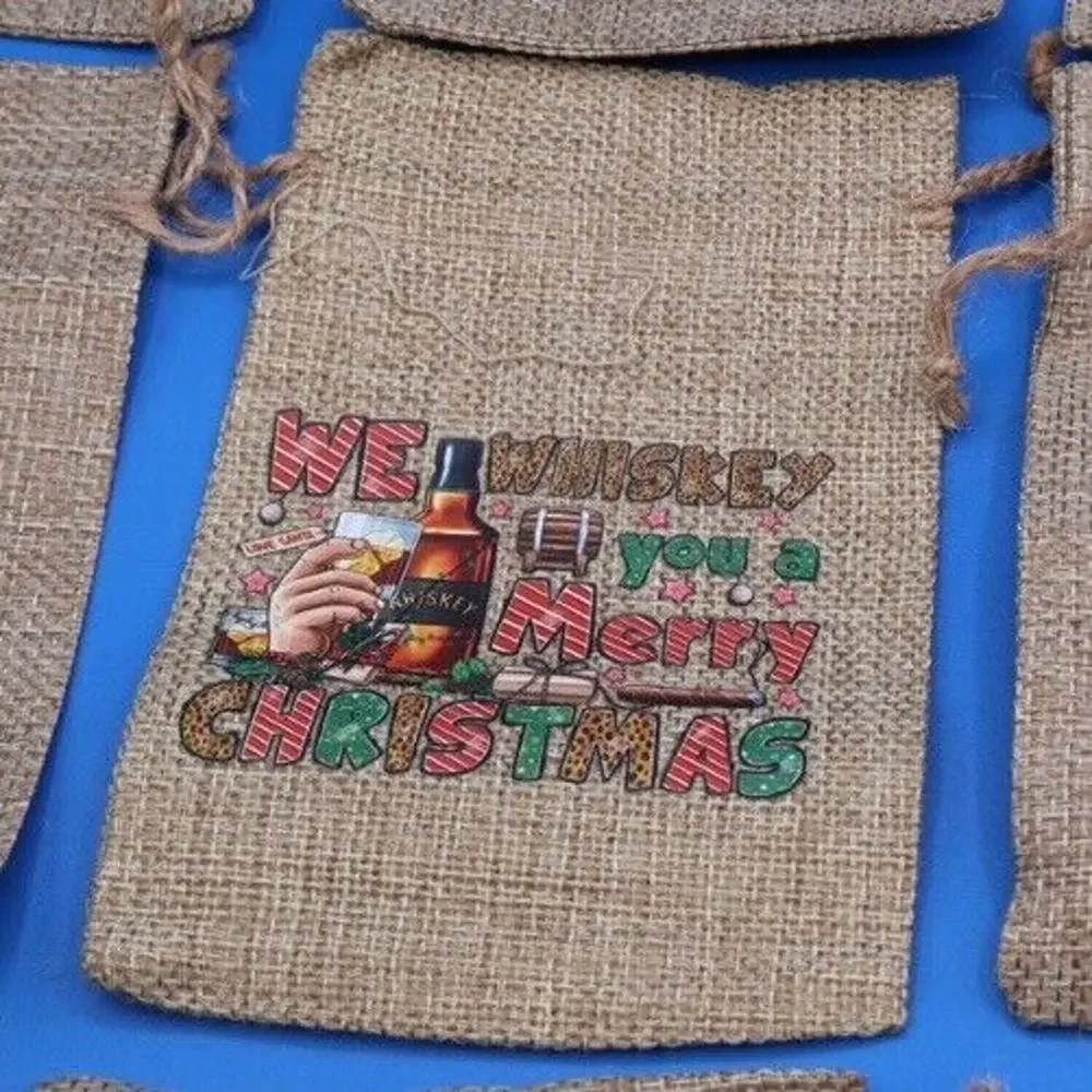 12 Christmas Drawstring Bags 6”x4” Mini Candy Burlap Bags. New